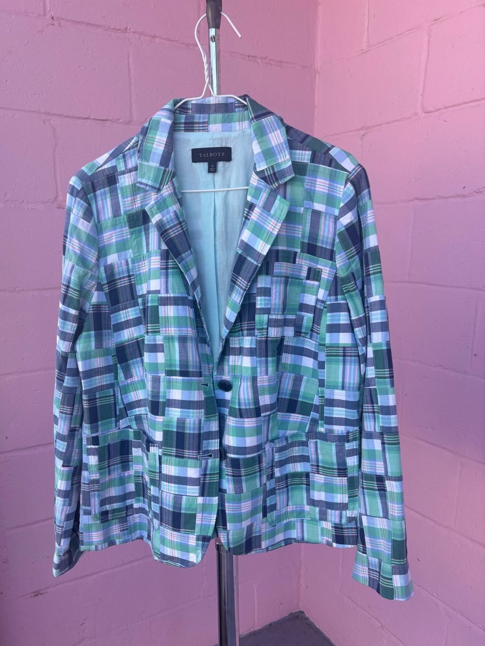Talbots Navy, Green & White Plaid Cotton Blazer
